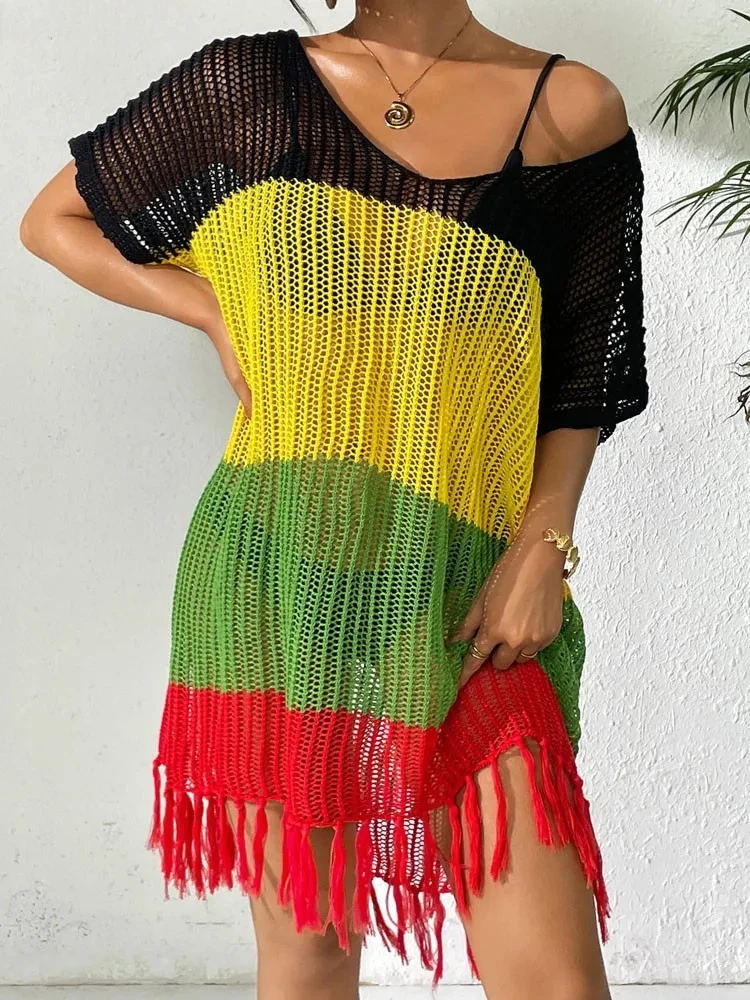 Women Solid Patchwork Bikini Cove Up Short Sleeve Lady Beach Dress Female Tassels Brazilian Swimsuit Cover-Ups