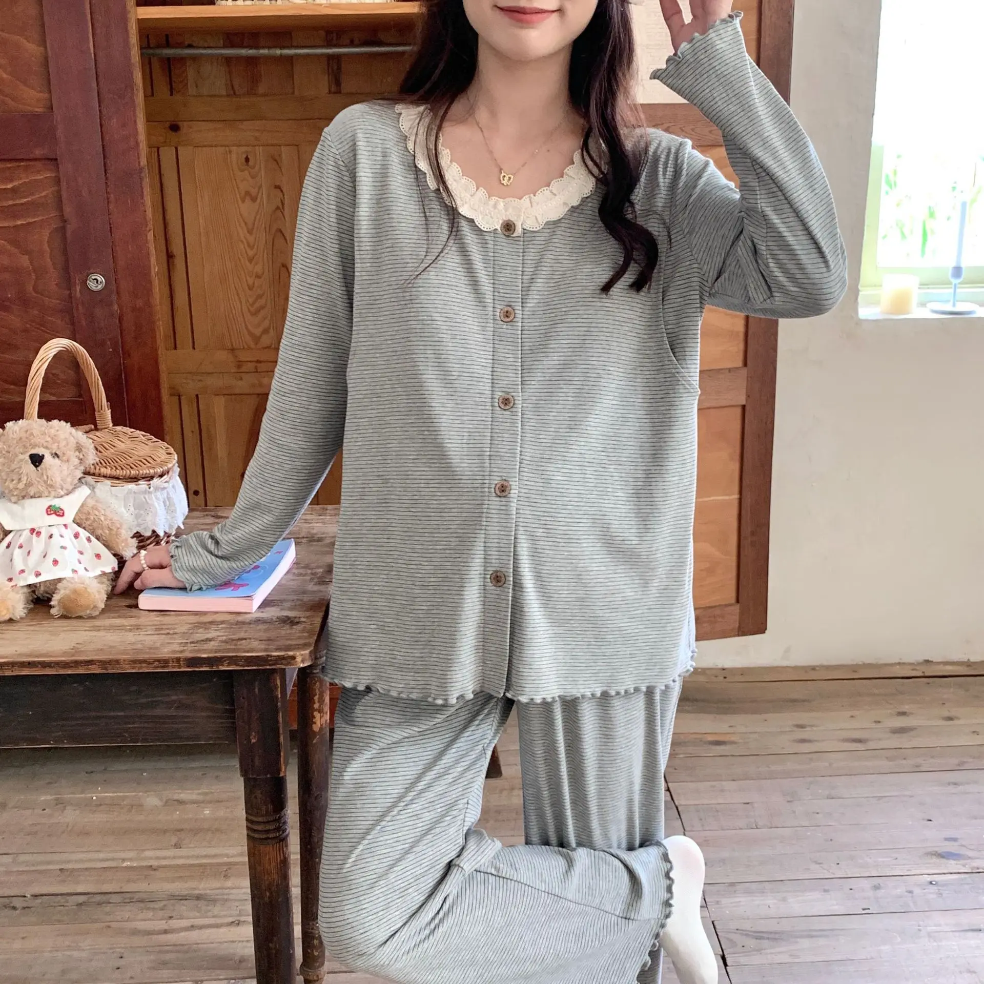 Maternity Sleep Suit O-Neck Lace Pijamas for Pregnant Women Loose Sleepwear for Winter Autumn Comfortable Maternity Nightgown