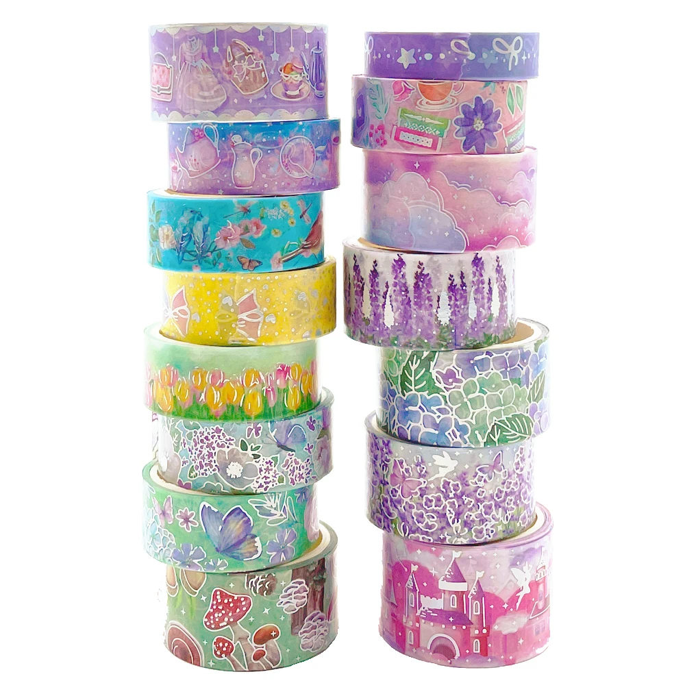 

15Rolls Kawaii Lavender Butterfly Mushroom Washi Tape Gold Foil Masking Tape DIY Sticker Scrapbooking Journal Decoration