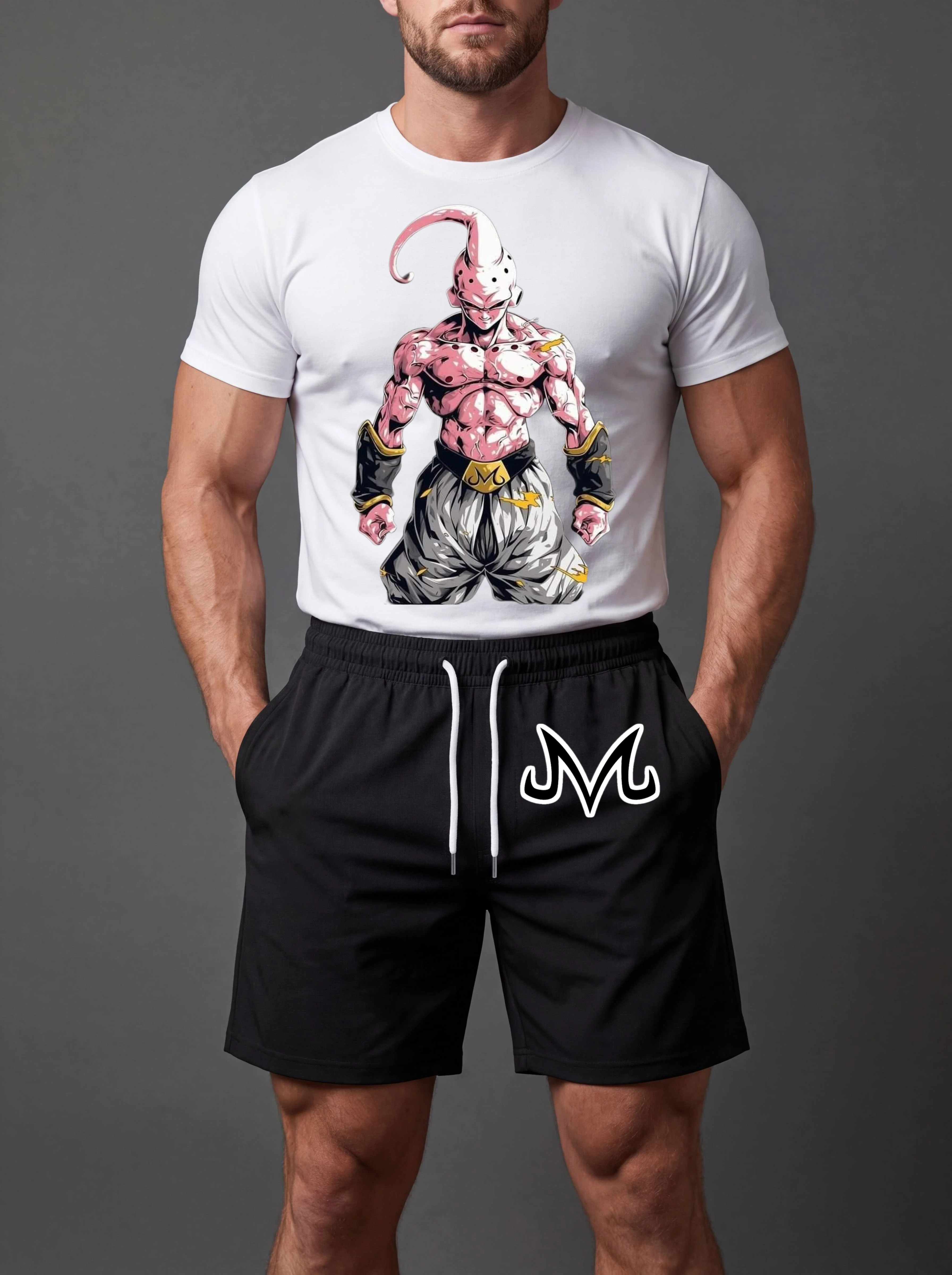 Conjunto de Camiseta y Pantalones Cortos para Hombre, Verano 2026, Diseño Dragon Ball Majin Boo M, Tela Suave Premium, Holgado, Transpirable, Deportivo Informal
