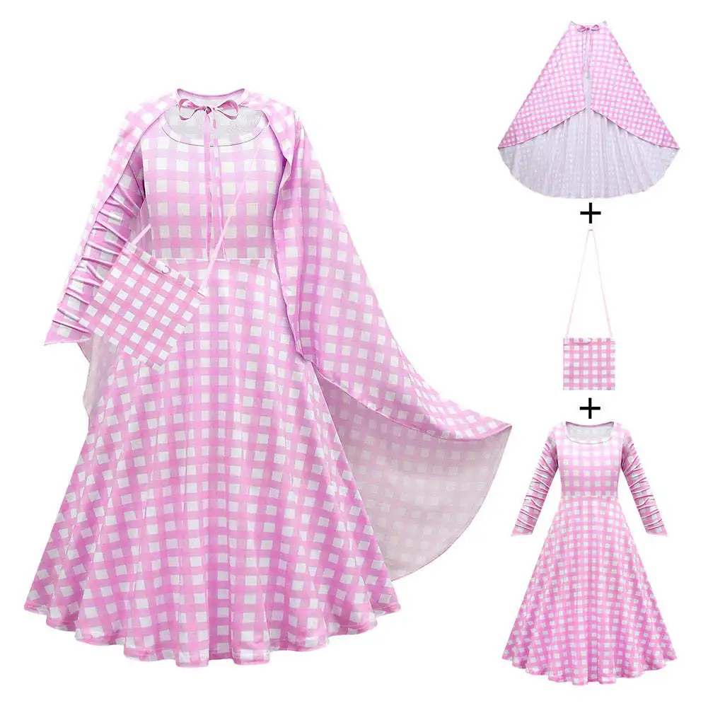 

Movie Cosplay Children Pink Plaid Dress with Cloak Bag Kids Girls Full Set Adult Women Clothing Halloween Carnival Suit