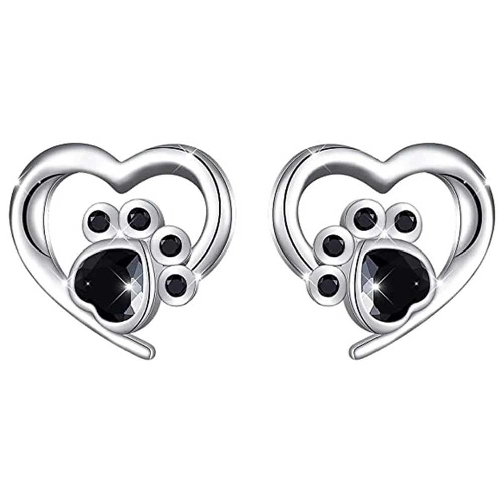 Huitan Cute Animal Cat Dog Footprints Shape Stud Earrings for Women Silver Color Heart Love Earrings Fashion Versatile Jewelry