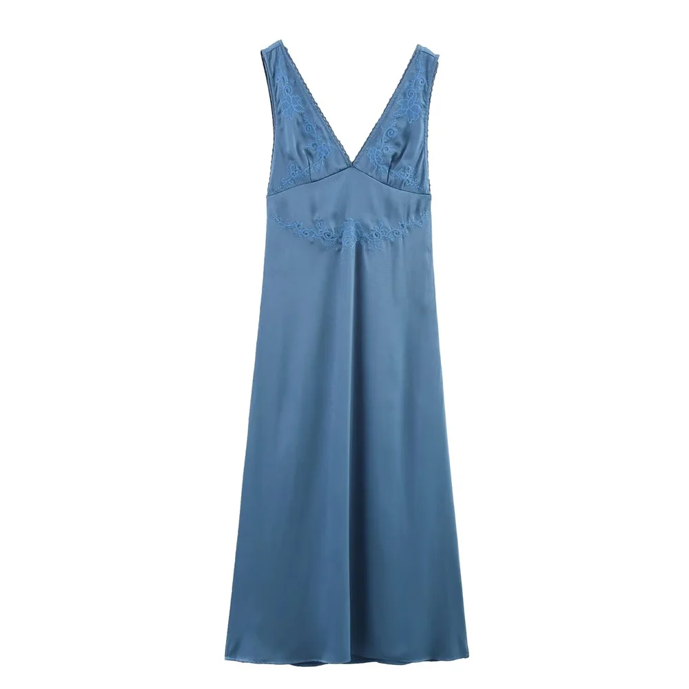2025 nuevo diseño elegante e informal para mujer con vestido de flauta con tirantes bordados y cuello en V de estilo europeo y americano