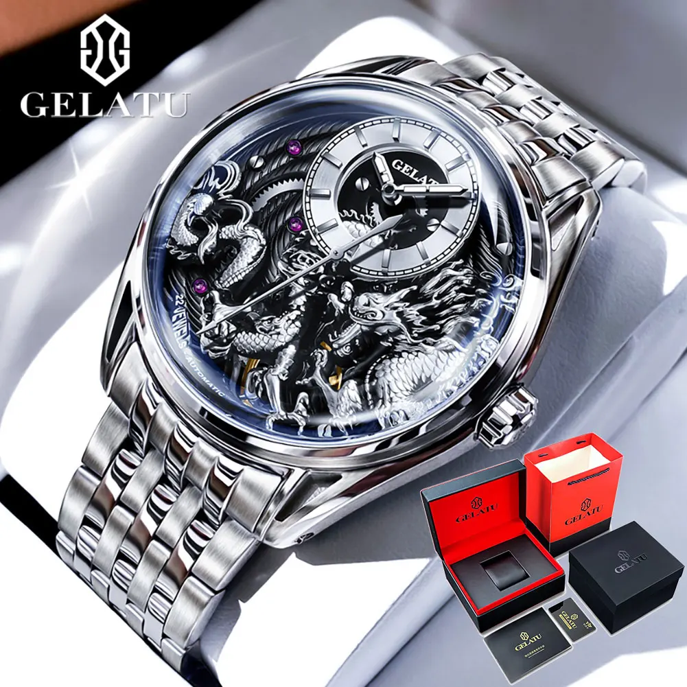 GELATU Mechanical Men\'s Watches Silver Stainless Steel Dragon Watch Automatic Luxury Brand Wristwatch Man Skeleton Waterproof