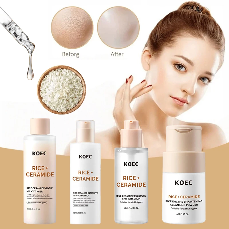 Loción de esencia de arroz de marca, suero Facial reparador de niacinamida, crema hidratante nutritiva, tóner de leche, ceramida, limpieza profunda en polvo