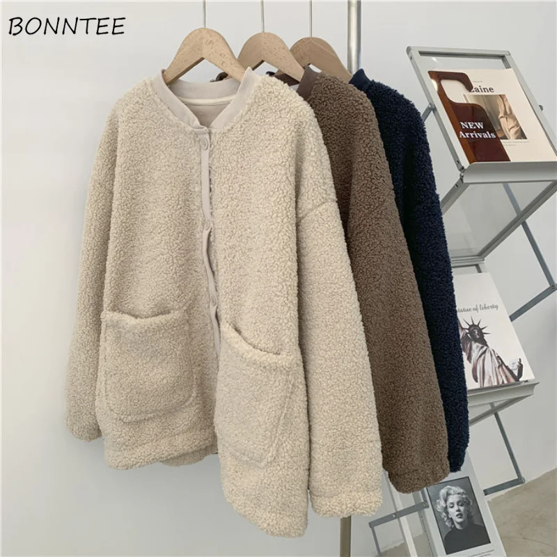 

Basic Winter Jackets Women Keep Warm BF Loose Vintage Solid Classic Overcoats Pockets Cozy Streetwear All-match Designed Daily