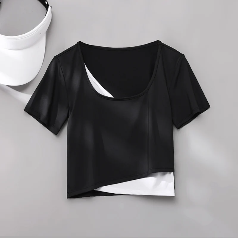 PHIGEER Running Woman T-Shirt Short Sleeve Mock-Layer Top Summer Sportswear Woman Gym Breathable Sports Shirt Fitness
