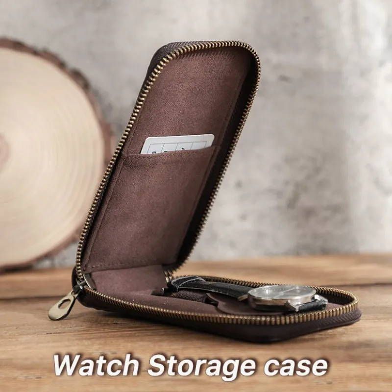 Genuine Leather 2-Slot Watch Box Luxury Pouch with Zipper Portable Organizer Bag Holds 2 Watches Brown Case