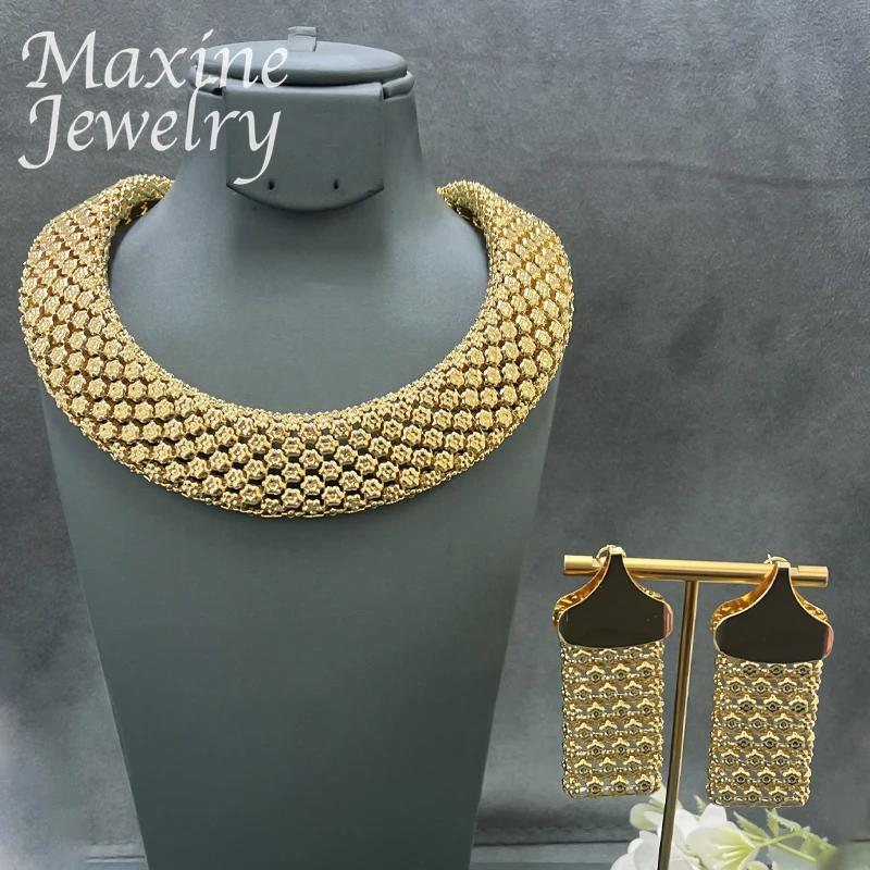 Chunky Necklace Earrings Bracelet 18K Gold Plated Jewelry Set for Women Dubai Trendy Luxury Jewellery African Wedding Party Gift