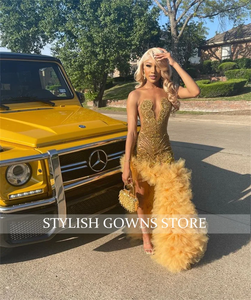 Luxury Gold Long Prom Dresses Black Girls 2026 Rhinestone Bead Ruffles Birthday Pageant Party Gowns High Slit Customized