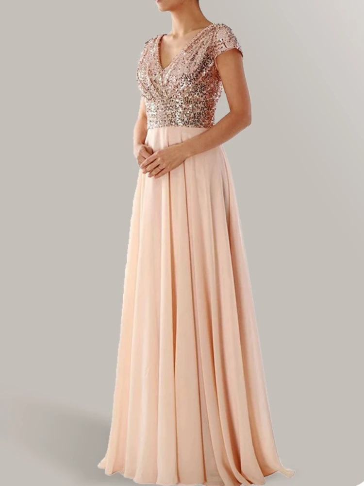 

Elegant Sequins Chiffon Dress for Women V Neck Pleated Hem Female Sequins Chiffon Prom Cocktail Long Dress Wedding Evening Dress
