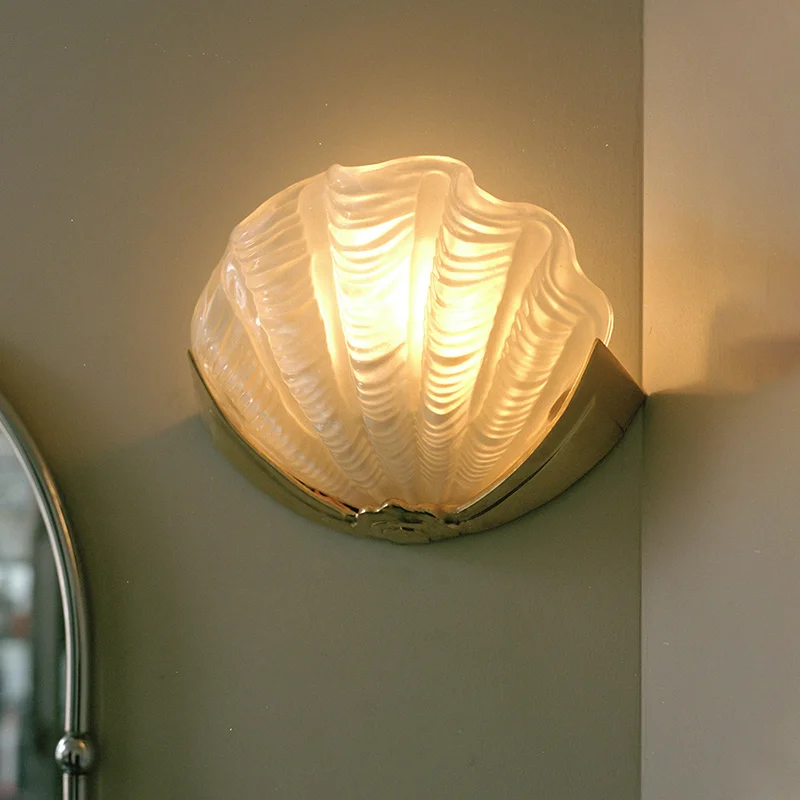 French All Copper Wall Lamps LED Light Shell Glass Lampshade Personality Living Room Aisle Bedroom Hotel Eye Protection Sconces