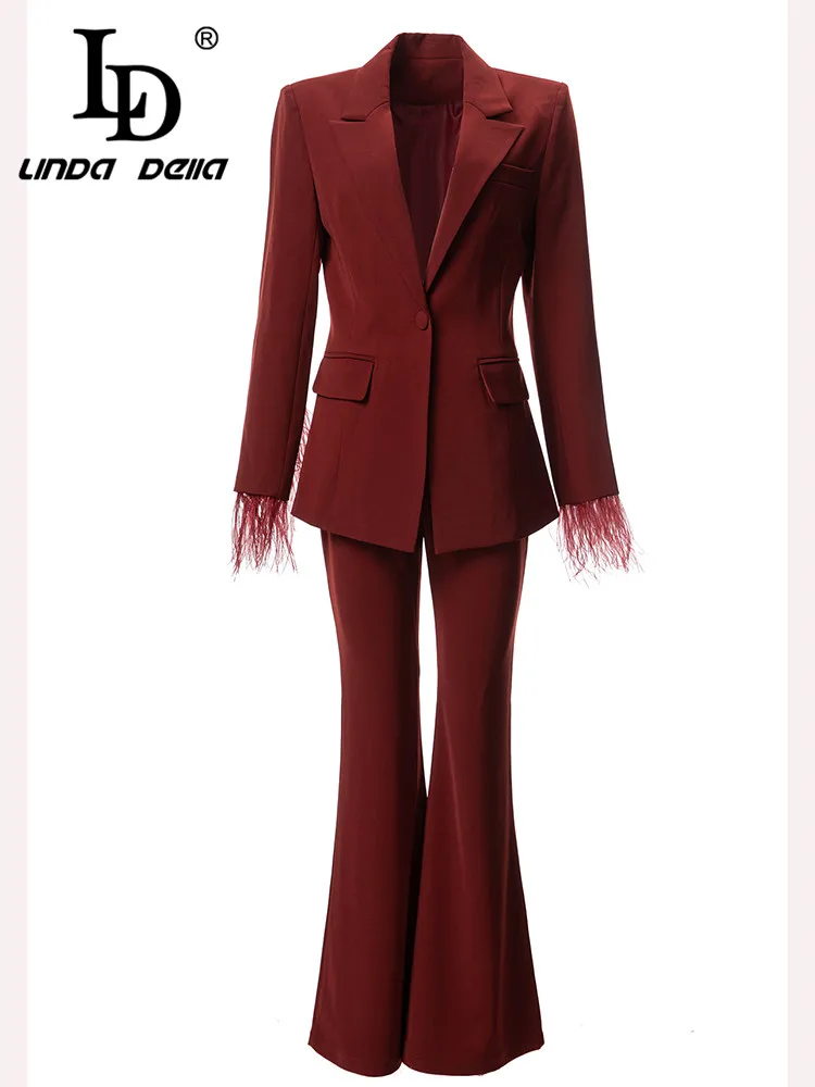 LD LINDA DELLA Autumn and winter Fashion Designer Set Women's Wine red Lapel Pockets Ruffle Top+ Straight Trouser 2 Pieces Set