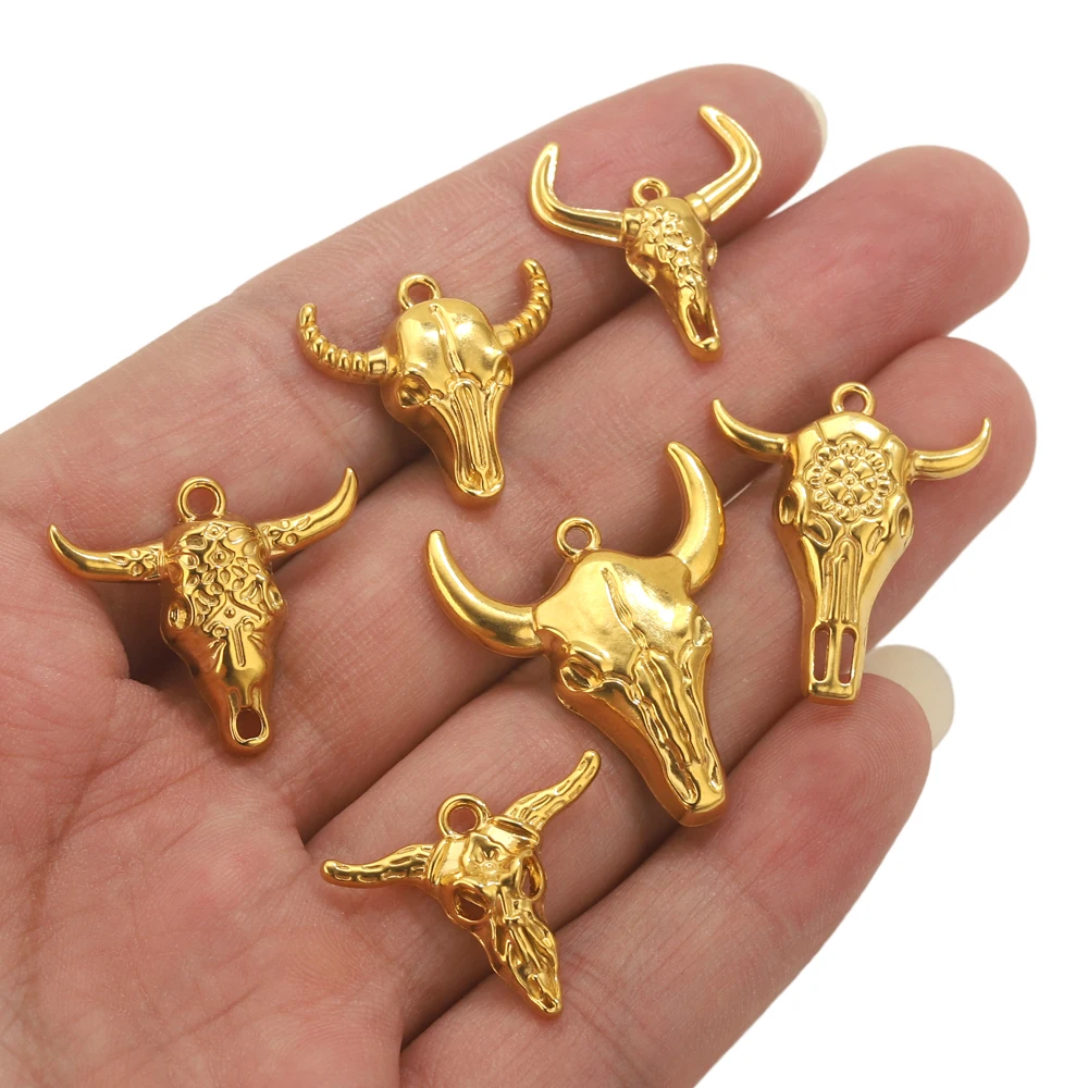5pcs Stainless Steel Western Mexican Bull Head Charms For Jewelry Making DIY PVD 18K Gold Plated Pendants Jewelry Accessories