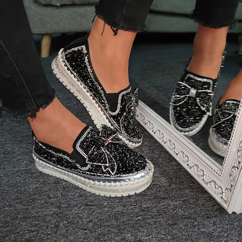 

Fashion Rhinestones Woman Shoes Women Shining Rhinestone Slip-on Loafers Bowknot Lazy Casual Plataforma Mujer