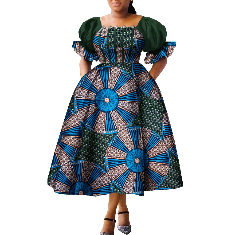 Vestidos de estilo africano para mujer, vestidos de cintura alta con mangas abullonadas, vestido africano Ankara, vestido de princesa, bata africana para mujer WY9970