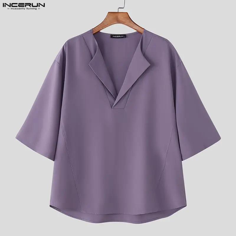 

Men Shirt Solid Color V Neck Half Sleeve Loose Casual Male Shirts Streetwear 2026 Men Clothing Summer Korean Style Tops INCERUN