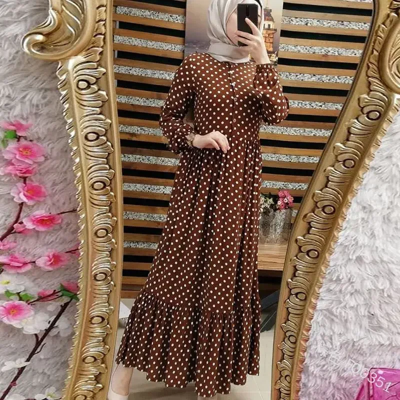 

Abaya Trend Printed Muslim Dress Polka Dot Maxi Dress Women Long Sleeve High Waist Big Swing Loose and Elegant Islamic Clothing