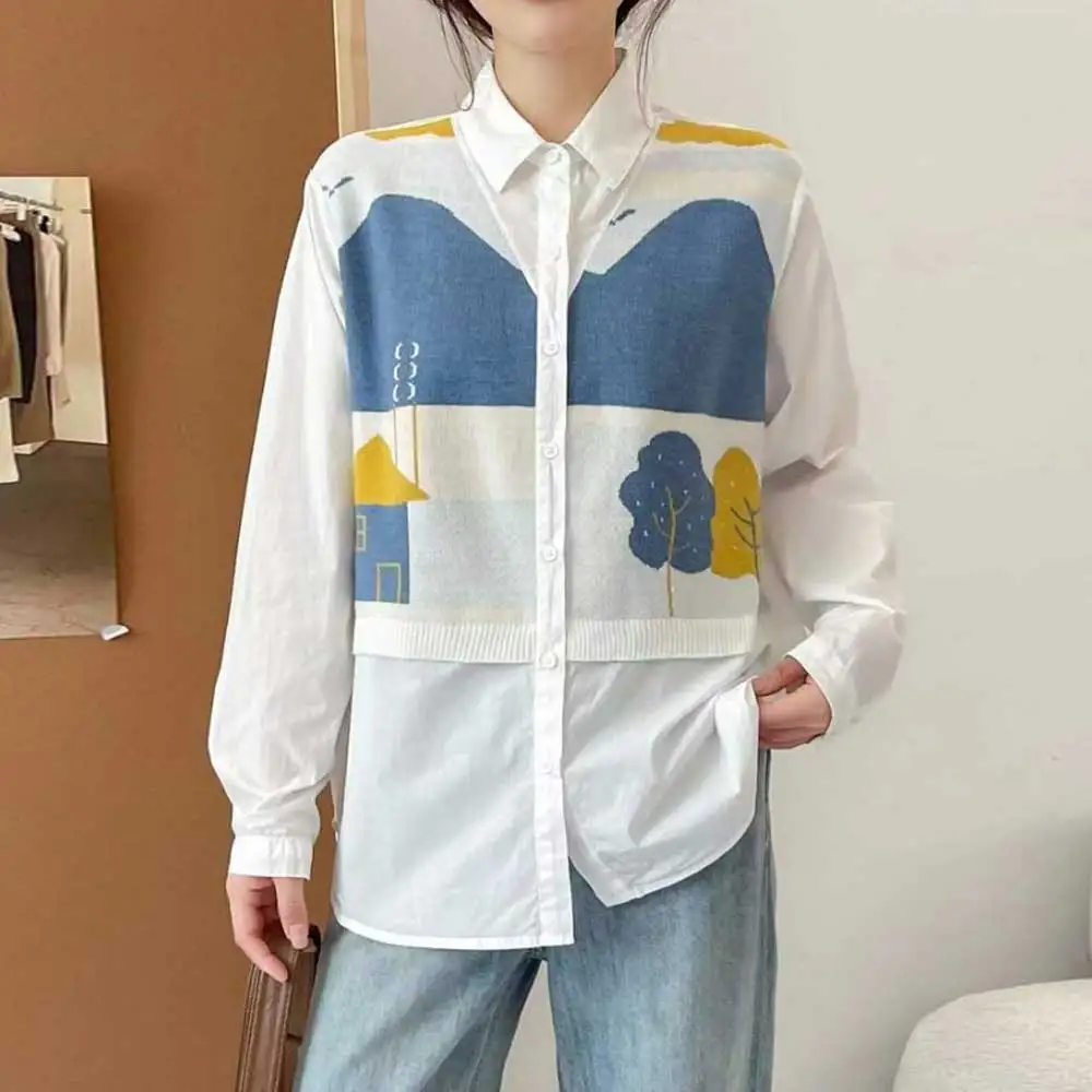 

Japanese Sweet Mori Girl Knitted Tree Jacquard Patchwork Cotton Shirts Women Autumn Turn Down Collar Long Sleeve Casual Blouse