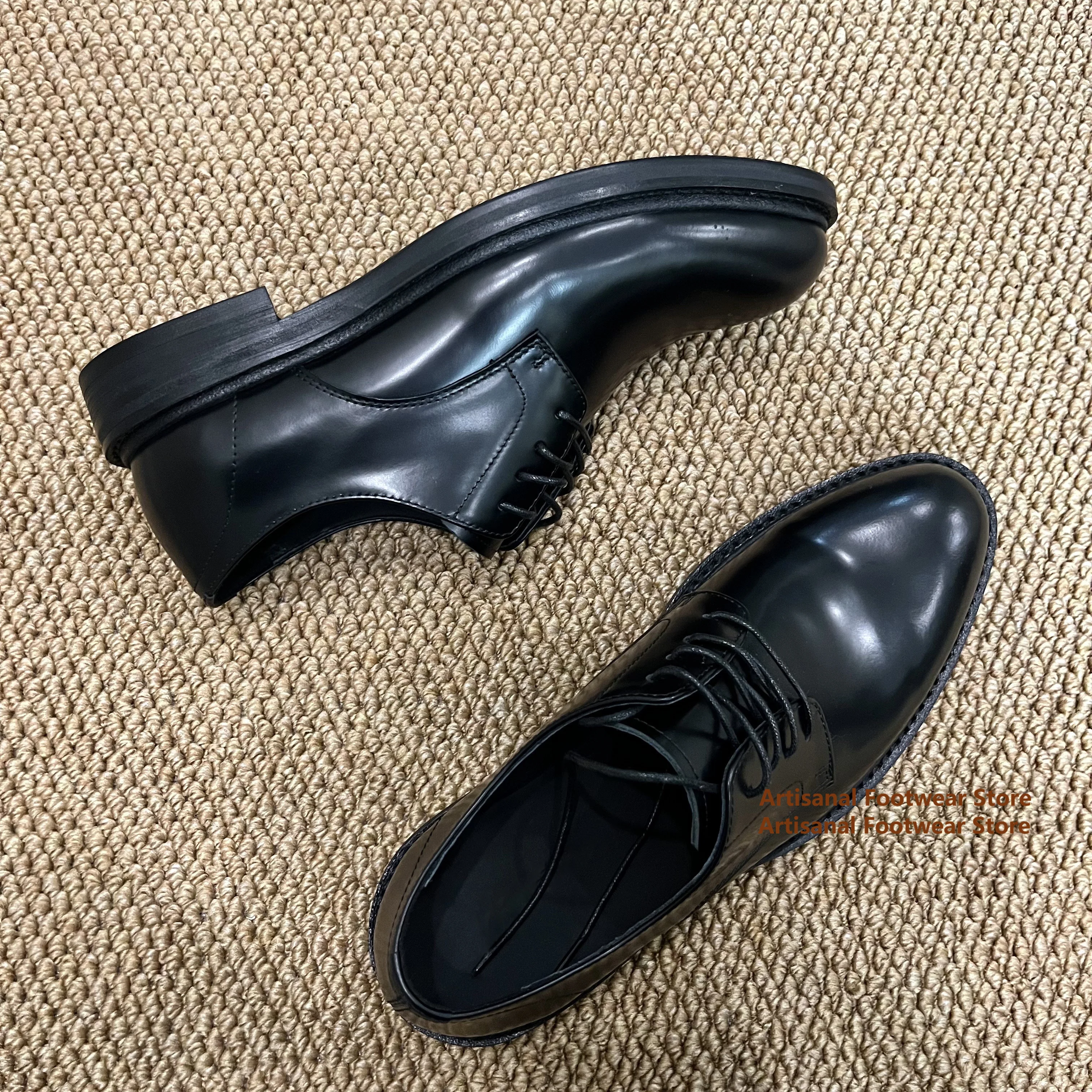 Black Shiny Cowhide Round Toe Derby Shoes Elegant British Style Lace Up Casual Leather Shoes Men's Business Formal Leather Shoes