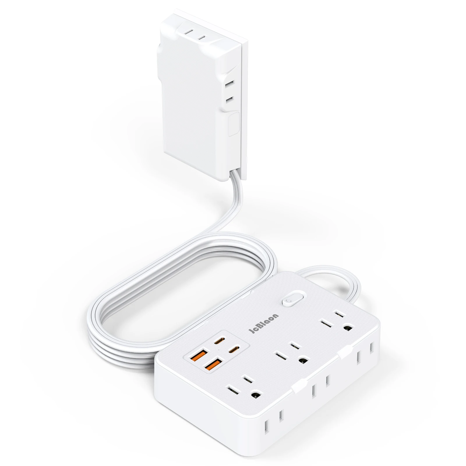 Regleta multipriente con enchufe estadounidense de 9 salidas de CA con cubierta de salida de cable de extensión plano de 5 pies, regleta protectora contra sobretensiones de 4 USB, color blanco