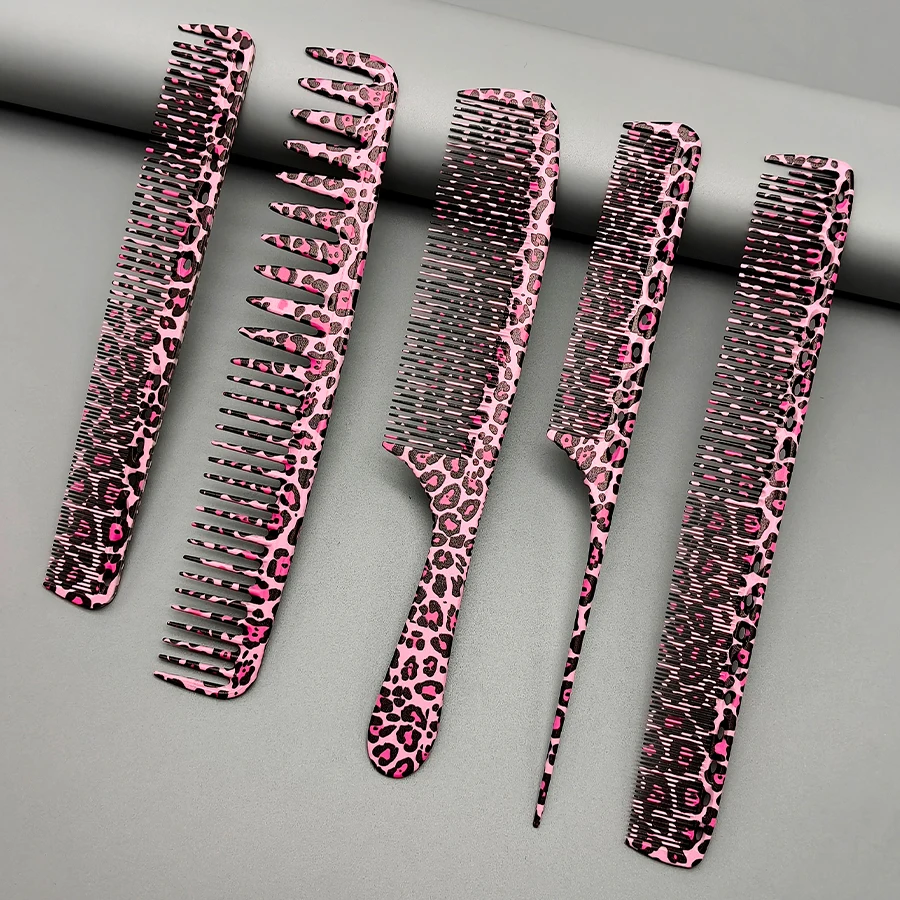 5Pcs Pink Leopard Print Hair Cutting Combs, Professional Hairdressing Combs for Hairstylists, Stylish Patterns, Suitable for Salon, Bridal Shop, and Photo Studio Styling, Five-Piece Hair Styling Tool Set