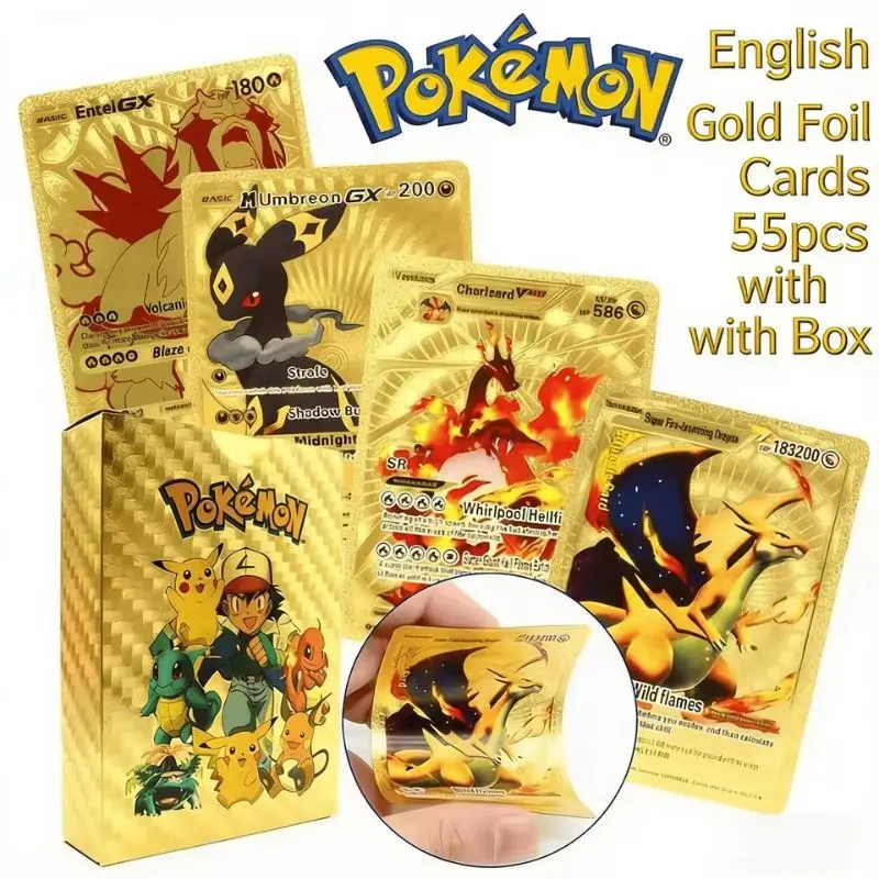 

Набор из 55 карт Pokemon Vmax GX с золотым фольгированием, интерактивная игра для вечеринок, английская и испанская версии, забавная коллекционная карточная игра для битв