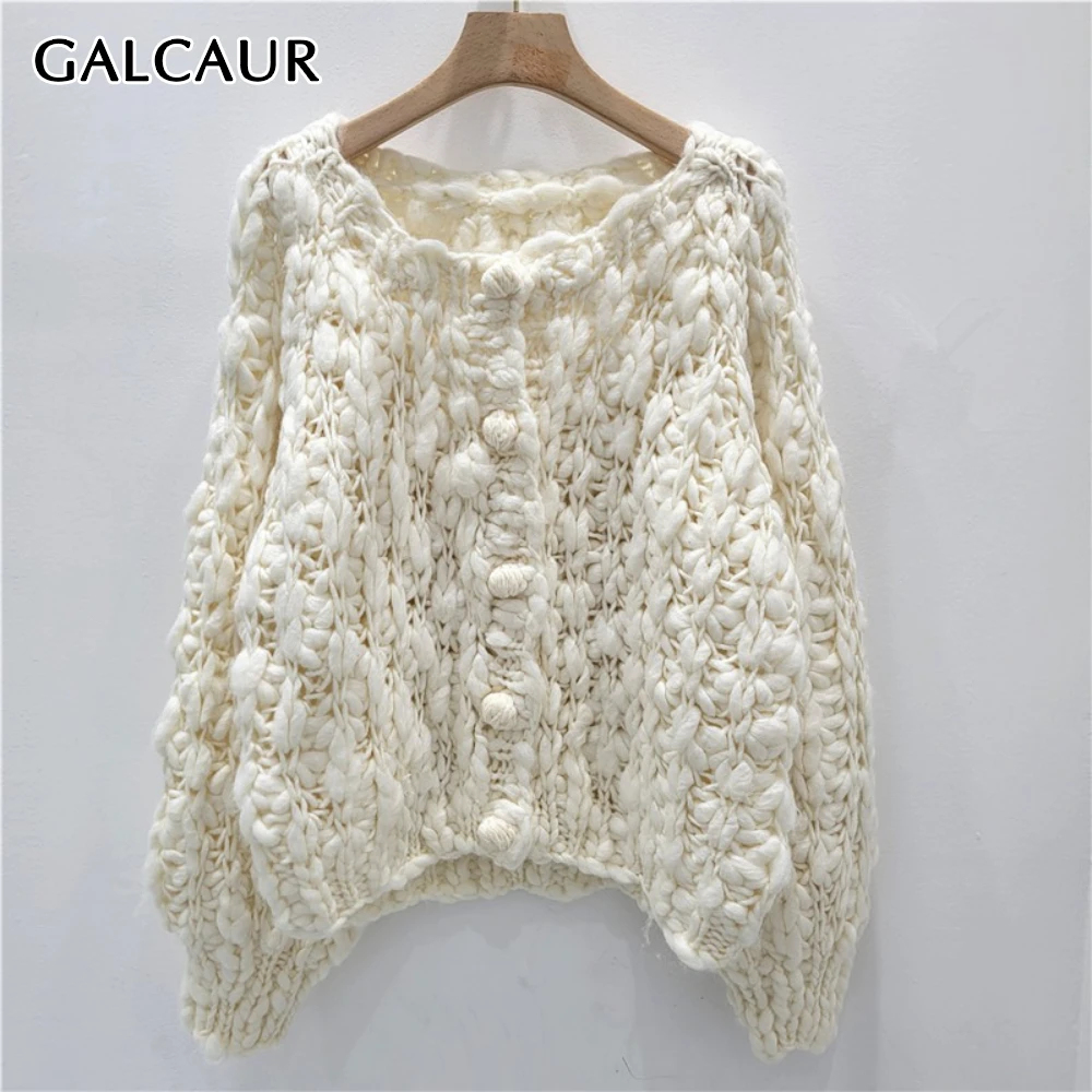 

GALCAUR Apricot Spliced Single Breasted Sweater Female O Neck Long Sleeve Loose Knitwear Casual Women's Sweaters Fashion Autumn