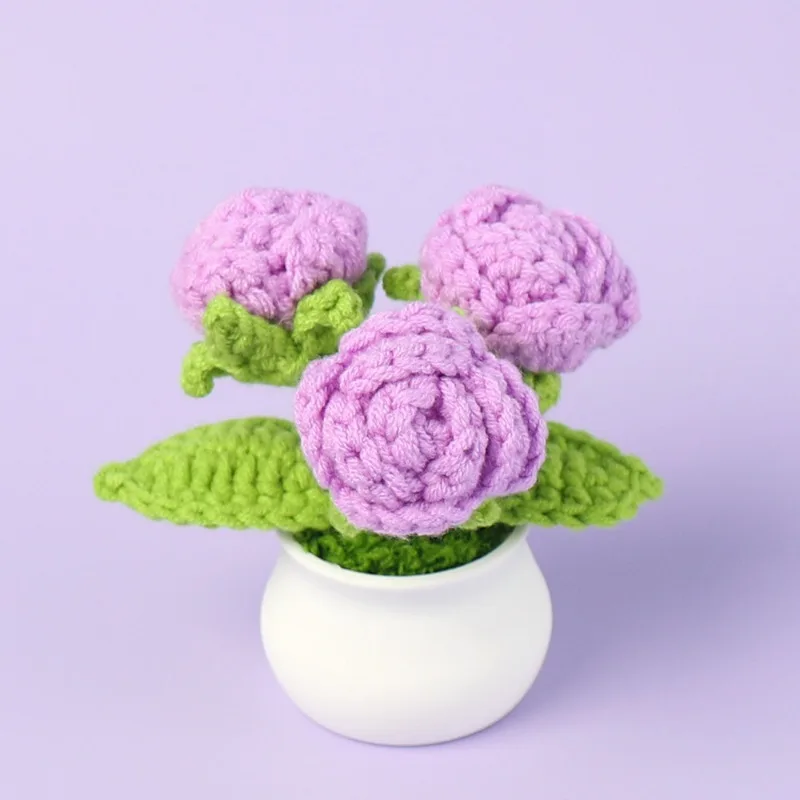 1pc Finished Simulation Rose Three Heads Handmade Crochet Mini Potted Table Decoration Valentine's Day Gift Plant Pot Home Decor