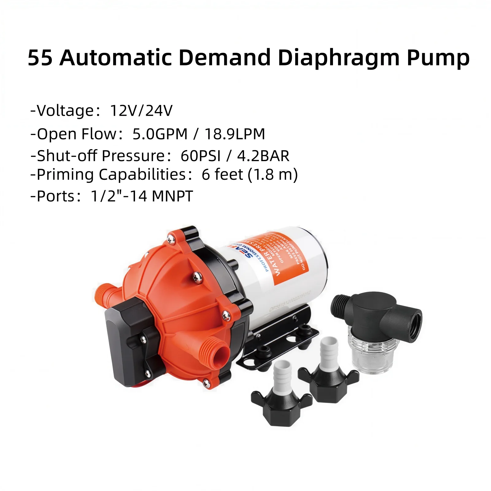 SEAFLO 55 Series 12 V 24 V Marine Self Priming Diaphra Water Pump 5.0 GPM 60 PSI for Boat RV Camper Yacht