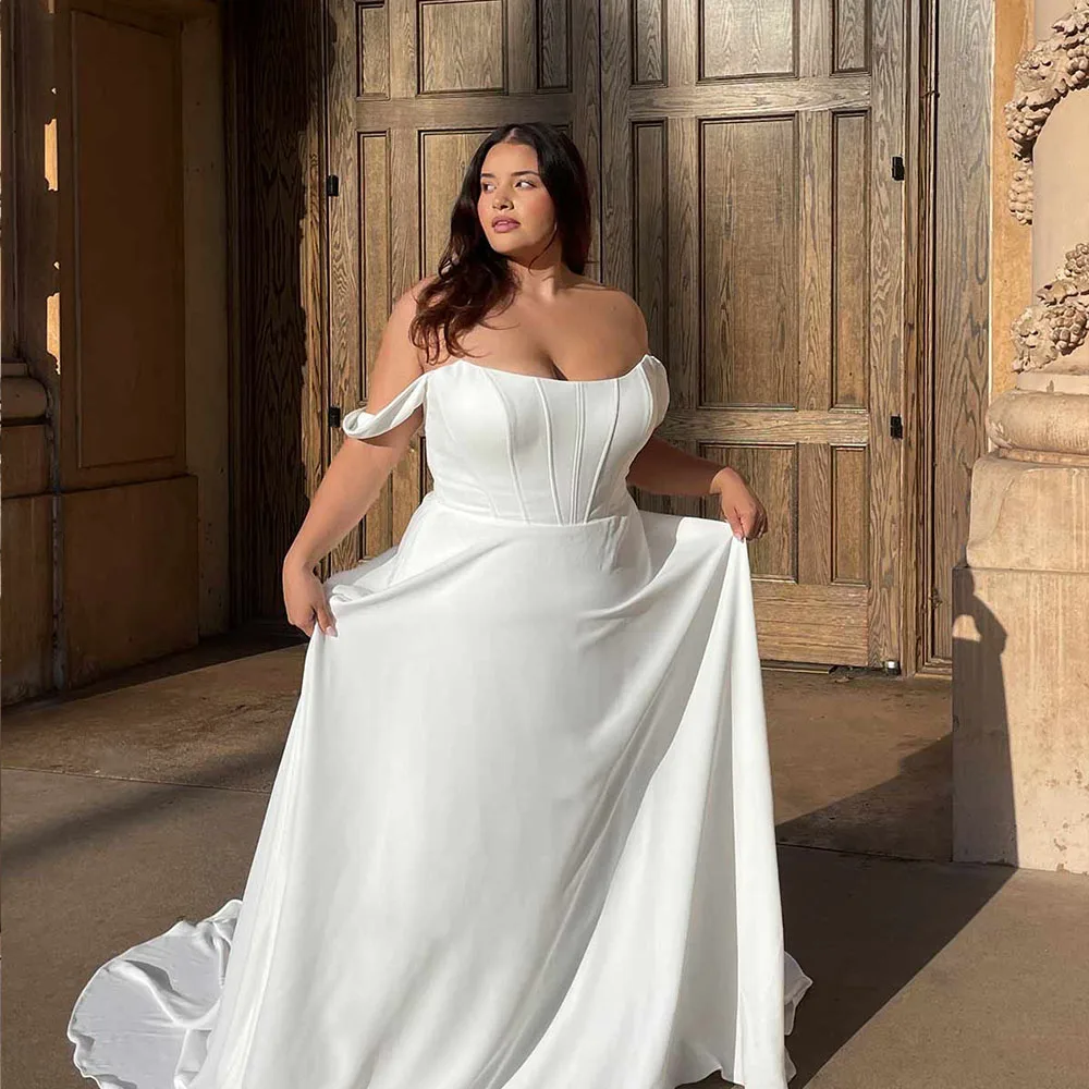 

Simple Off The Shoulder Wedding Dresses Plus Size Strapless Zipper Bride Gowns Classic Satin Sweep Train A-Line Vestido De Novia