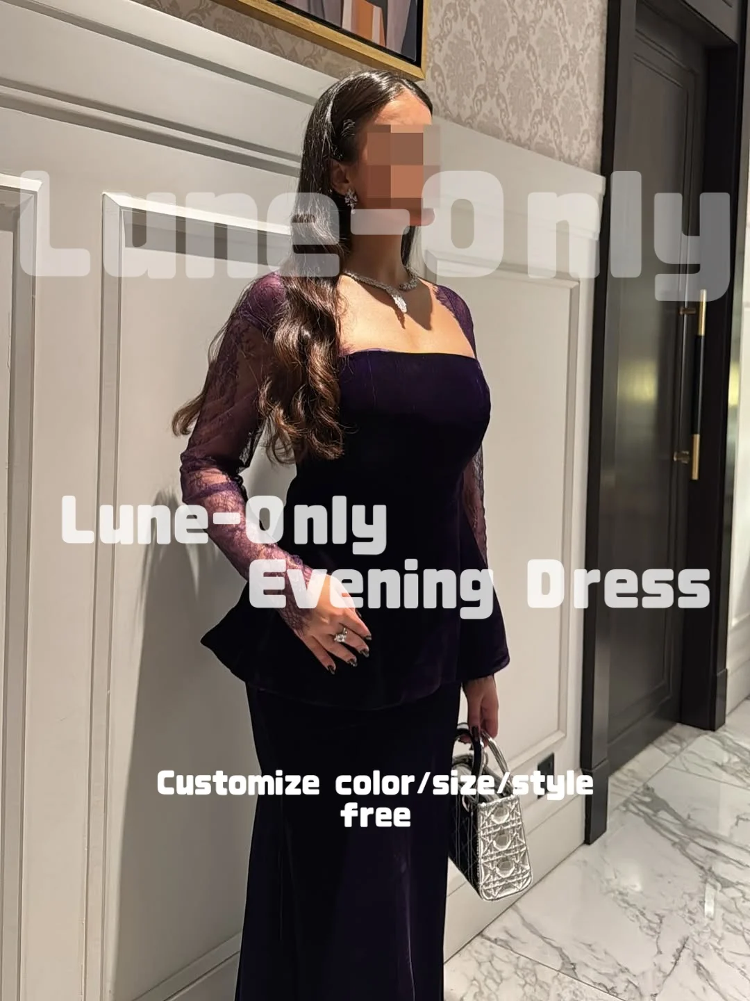 カスタマイズされたレース長袖パープルベルベットイブニングドレスフォーマルな機会のためのシンプルな甘いウエディングドレスパーティードレス