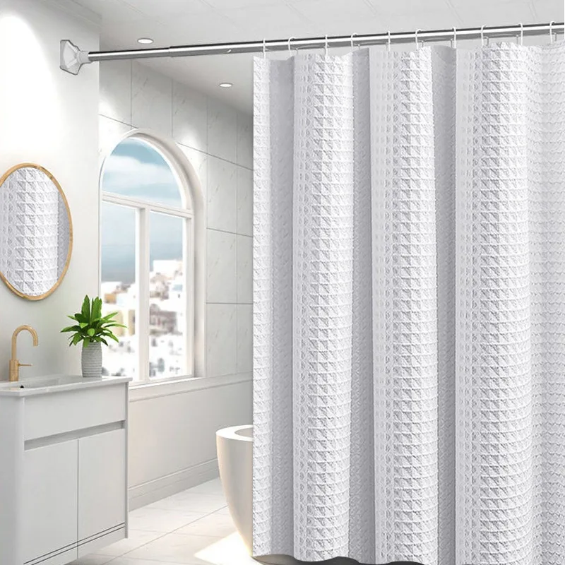 

Shower Curtains White Waffle Bathroom Curtain Waterproof Solid Color Modern Style Water Resistant for Toilet with Hooks 200cm