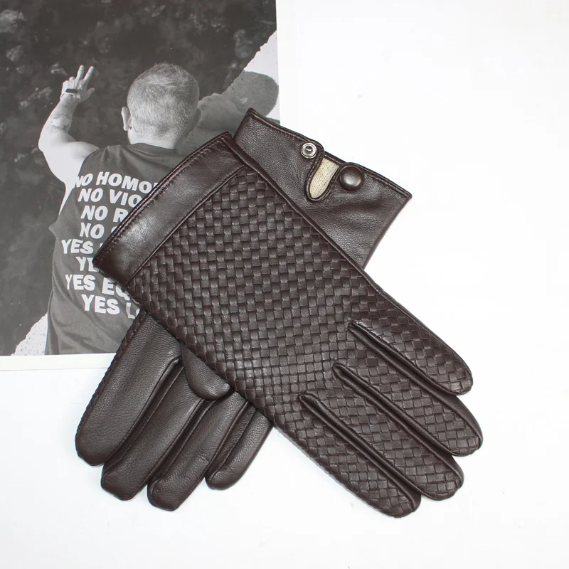 High quality men's sheepskin gloves woven style touch screen with 70% wool knitted lining genuine leather gloves