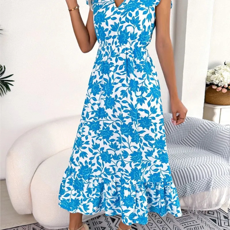 2024 Spring/Summer New Casual Mushroom Edge V-neck Printed Waist Dress for Women