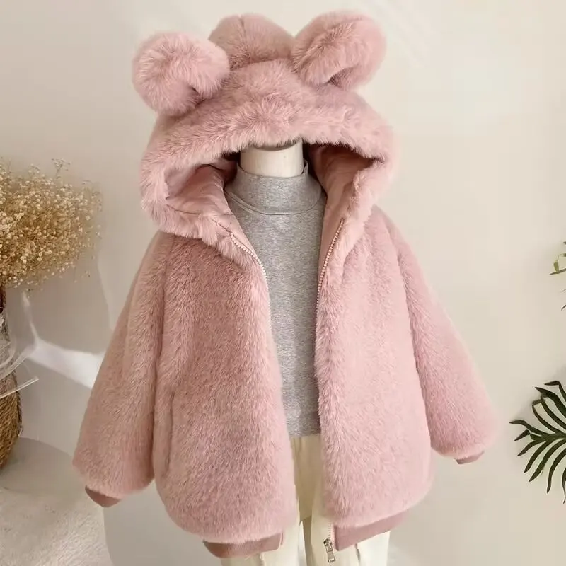 Children\'s Faux Fur Coat Girls Fur Jackets Baby Hooded Long Coats Padded Hooded Cotton Coat Cute Girls Fur Clothing