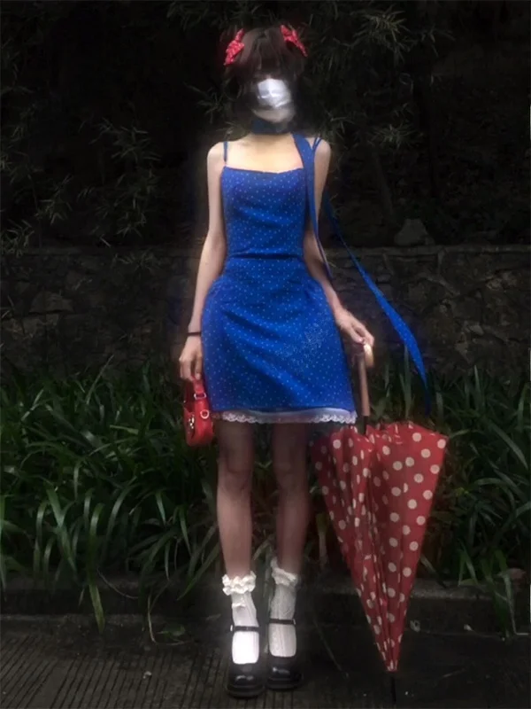 Vestido de Fiesta Estilo Francés con Cinturón y Estampado de Puntos, Sin Mangas, Azul Klein, Antiedad, Estilizador, para Mujer