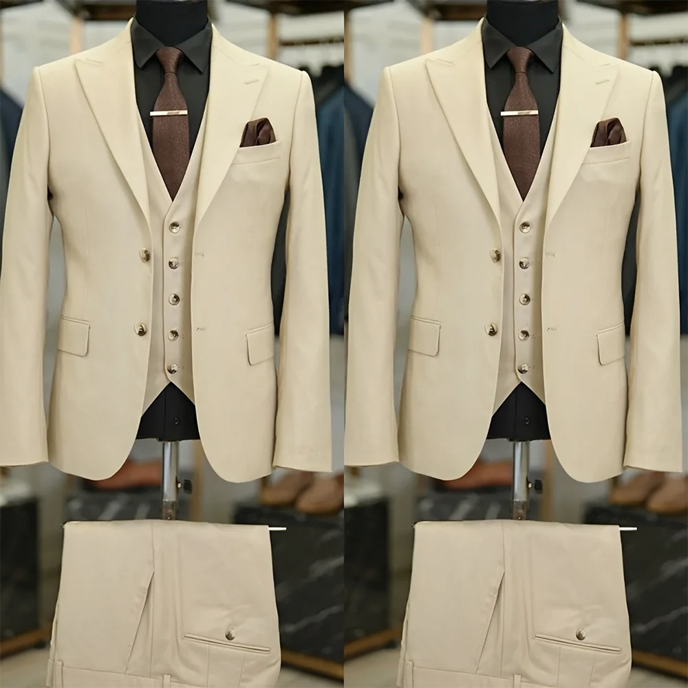 

Formal Men's 3-Piece Suit — Slim Fit Business Attire (Jacket, Vest, & Trousers) | Beige Office & Wedding Tuxedo Set — Custom