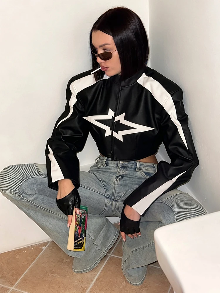 Nibber PU Leather Crop Jackets Woman Autumn Contrast Patchwork Zip Stand Collar Full Sleeve Spicy Girls High Street Style Coats