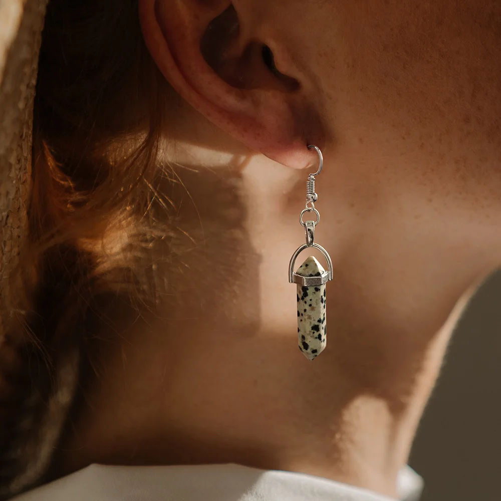 Boho naturalny kwarc kolczyki uzdrawianie Reiki sześciokątna kolumna agaty kolczyki kryształowy kamień haczyk do podwieszania krople do uszu kobiety biżuteria — zdjęcie 7