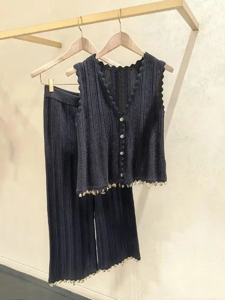 

Metal Pendant Women Knitted Set Wavy Edge V-Neck Single Breasted Sleeveless Vest Top + Elastic Waist Straight Long Pants Suit