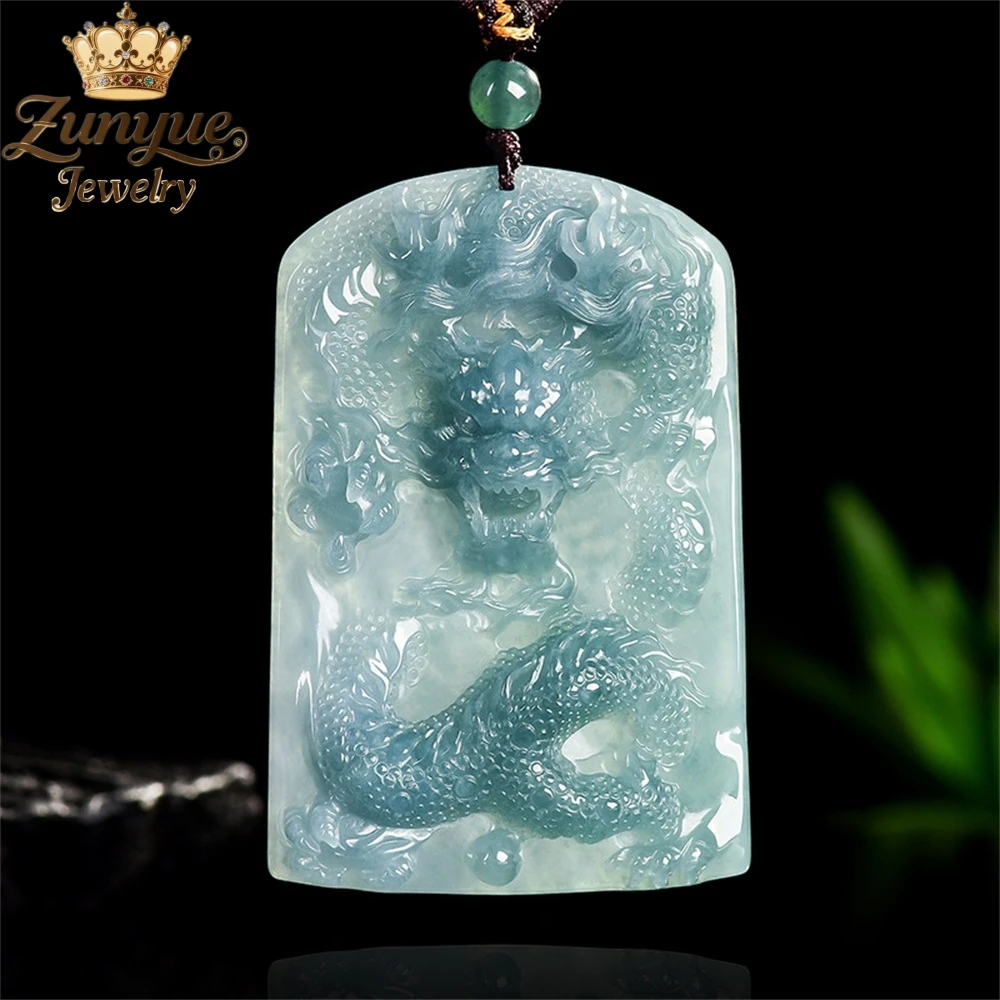 

Natural A - Grade Jade Blue Water Dragon Playing With Pearls Dragon Pendant, Zodiac Dragon Business Prosperous Pendant Gift Char