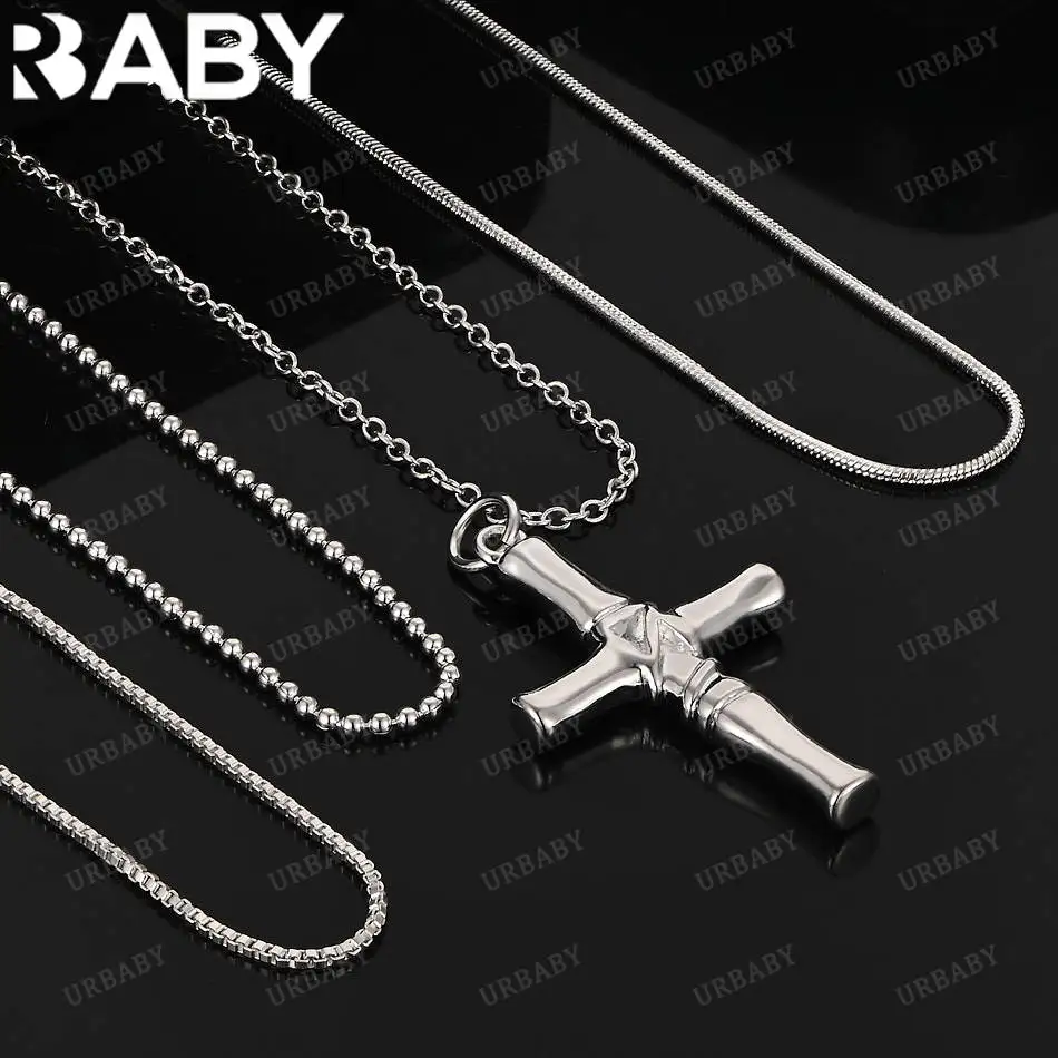 

URBABY 40-75cm 925 Sterling Silver Cross Pendant Necklace For Women Men Charm Trend Birthday Gifts Fashion Party