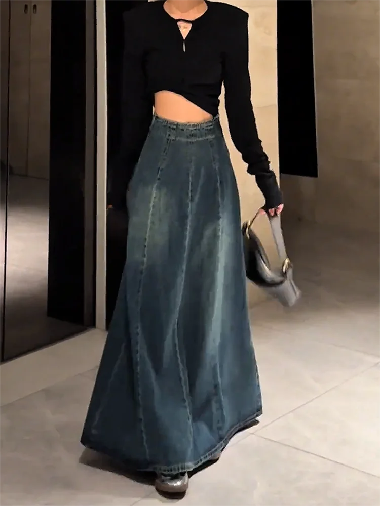 

Retro Casual High Waist Loose Versatile Dr 2024 Autumn New Faion Loose Feeling Denim Long Skirt Commute Korean Sle