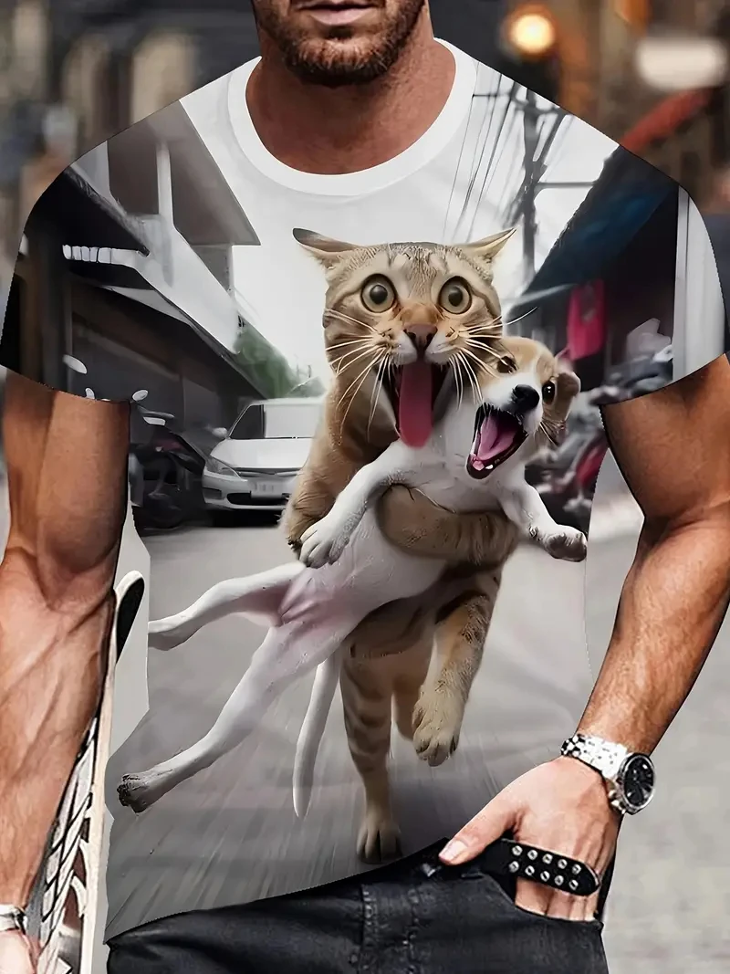 Funny Cartoon Cat Dog Graphic T Shirt For Men Clothing 3D Animal Printed Anime T-Shirt Unisex Short Sleeve Y2k Tops Loose Tees