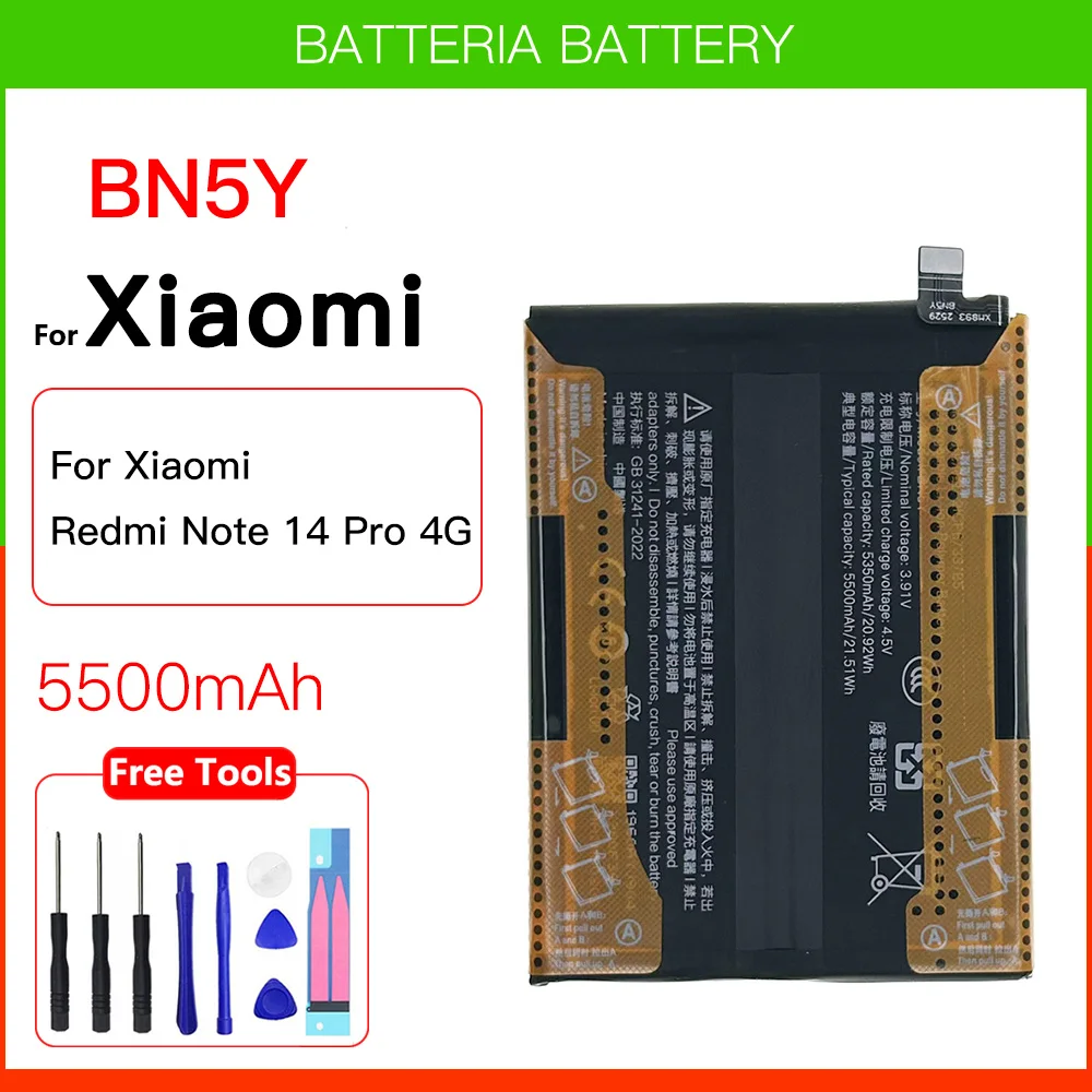 Genuine Replacement Battery 3.91V 5500mAh BN5Y Battery For Redmi Note 14 Pro 4G Mobile Phone Batteries + Kit Tools