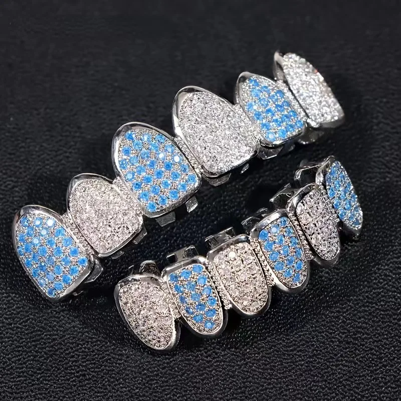 Hip-hop Ice Crystal Fully Synthetic Zircon Blue Tooth Gem Set - 3D Micro Paved Double-Layer Top & Bottom Hip-hop Party Jewelry