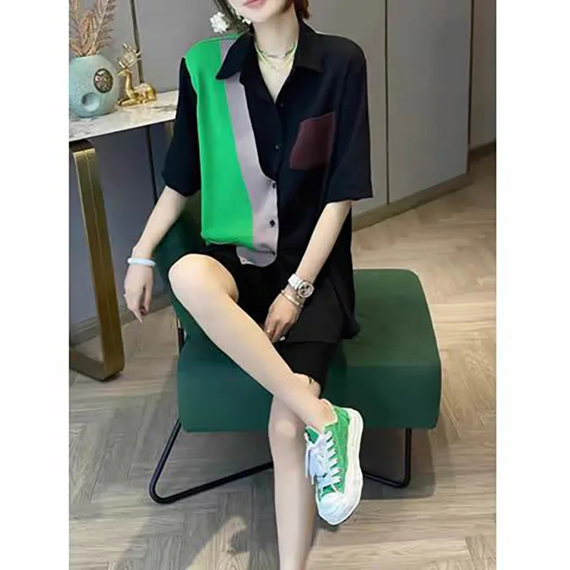 Fashion Lapel Spliced Pockets Asymmetrical Shirt Women\'s Clothing 2023 Summer Oversized Casual Half Sleeve Tops Korean Blouse