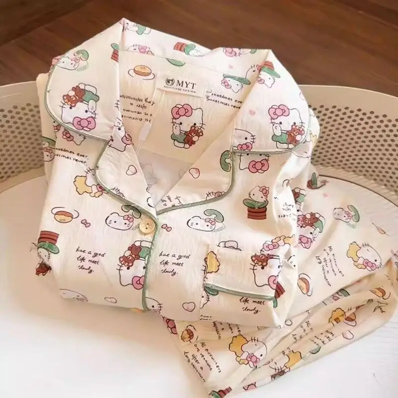 

Sanrio Hello Kitty Women Sleeping Pajama Set Cuteore Cartoon Spring Autumn Nightgowns Long Sleeve Pant Sleepwear Casual Homewear