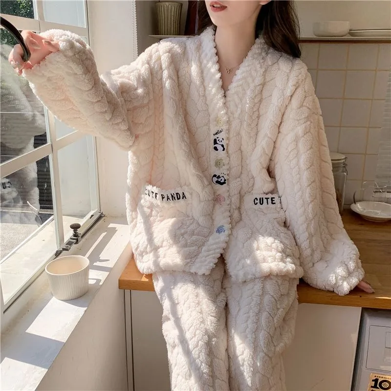 Panda pajama Lady Winter coral velvet thickened flannel Autumn /Winter student Korean cute warm home wear set pajamas for women